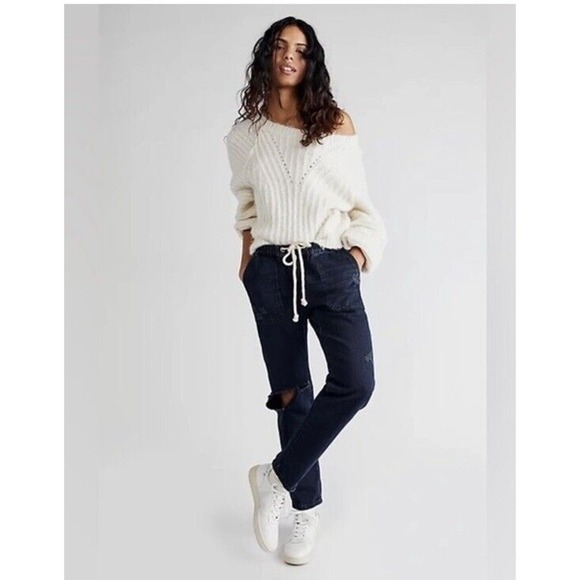 NWT One Teaspoon X Free People Drawstring Boyfriend Jeans Women Dark Blue Size M - Picture 1 of 5